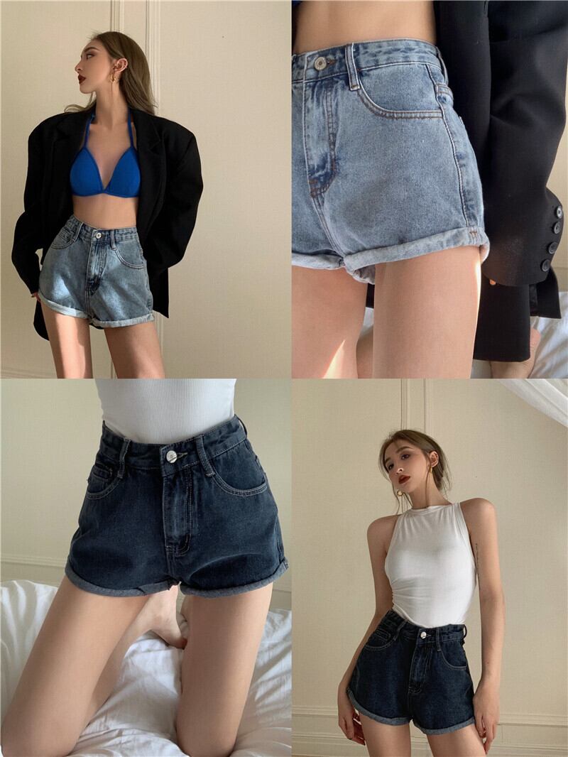 ジーンズ ハイウェストウェストスリムショーツ スプリングサマールーズスタイルスタンダードパンツ レトロ 春物 夏物 ブルマー ブラックストロベリース79620950196