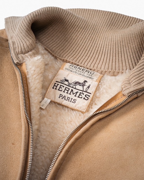 [1970s-80s] "HERMÈS" Agneau Mouton Bomber Jacket with 100% Wool Ribbing (Made in Belgium)