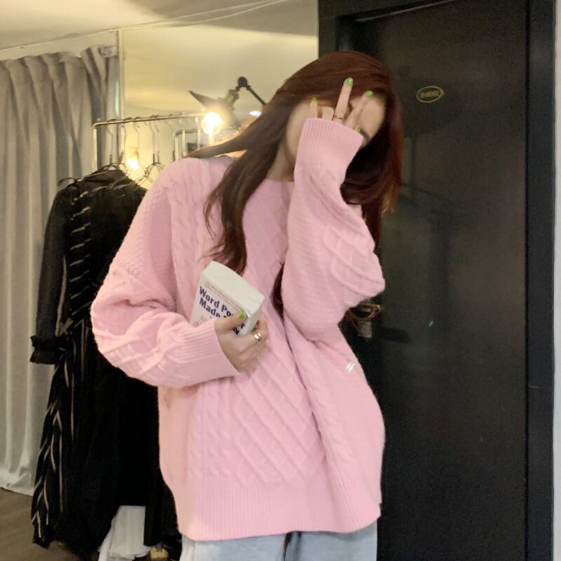 セーター スプリングオータムルーズニットラウンドネックトップス ロング ピンク 春物 秋物 Oネック スーパーモール28682163647