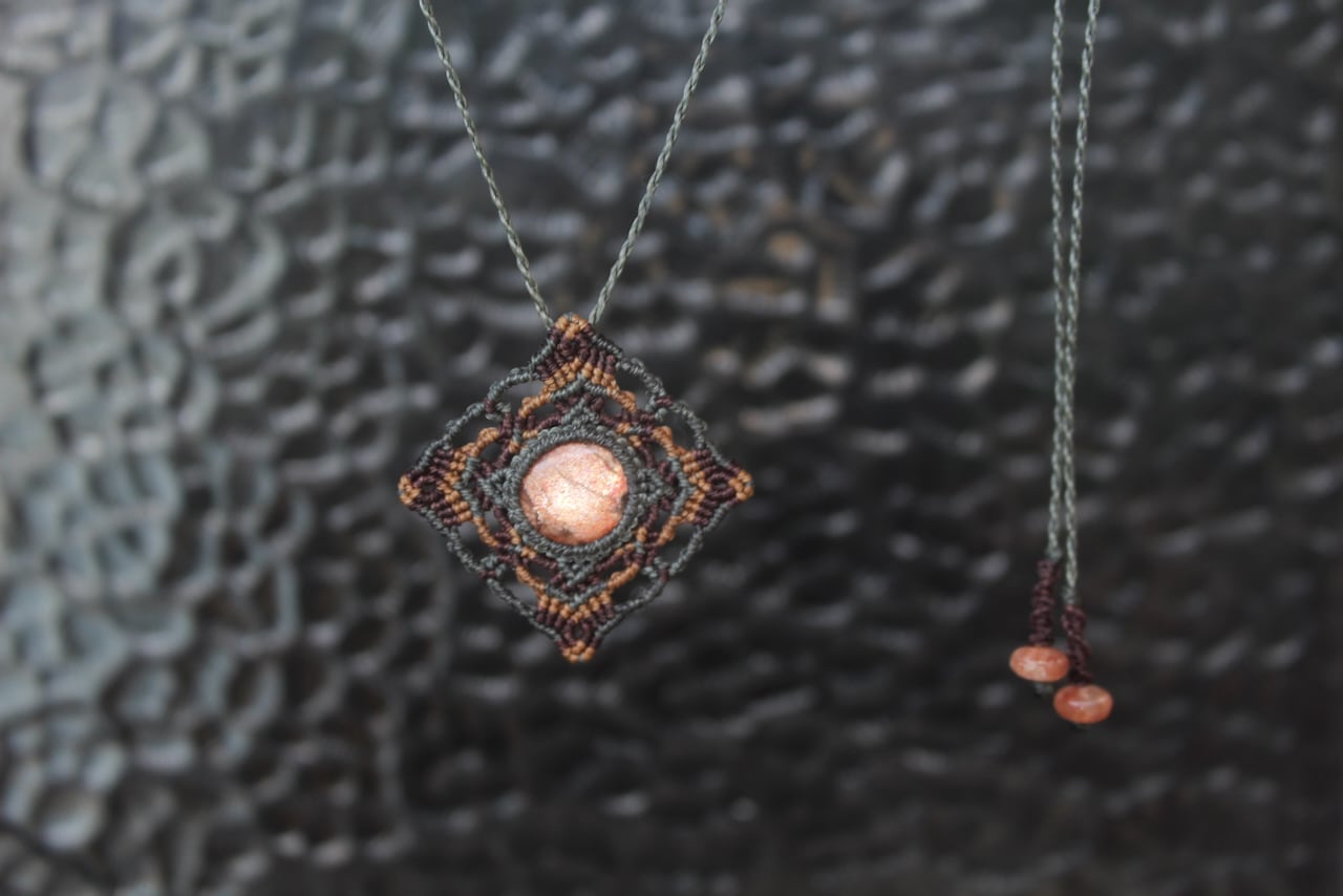 Sunstone micro macrame mandala pendant