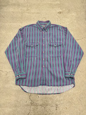 90〜00s STRIKER/Stripe Shirt/INDIA製/M/ストライプ柄ボタンダウンシャツ/長袖シャツ/カーキ/パ－プル/ストライカ－