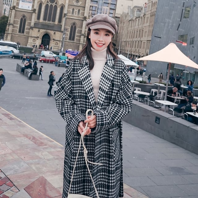 【予約販売】チェスターコート レディース コート 千鳥格子柄 ロング丈 大人可愛い モノトーン きれいめ ウエストマーク 秋冬 アウター こなれ感 S/M/L