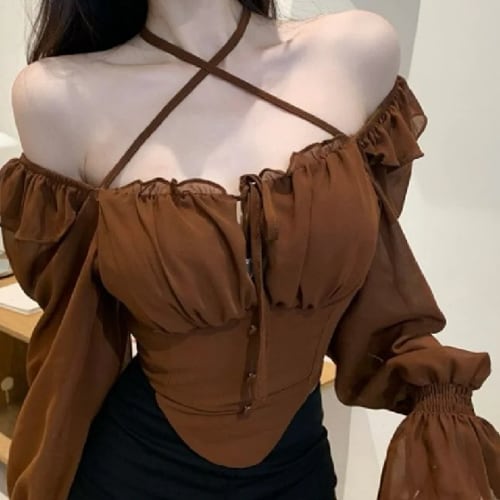 女性のためのシルクシフォンシャツ,セクシーなフリル,スラッシュカラー