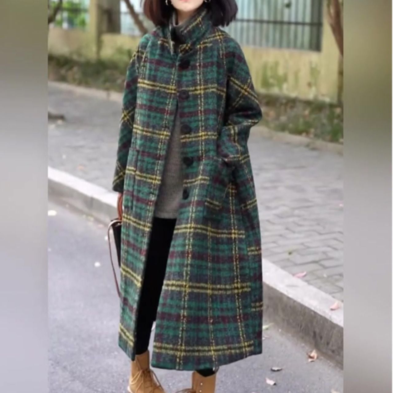 ヴィンテージチェック柄ツイード調 厚手ロングコート Ln00016
