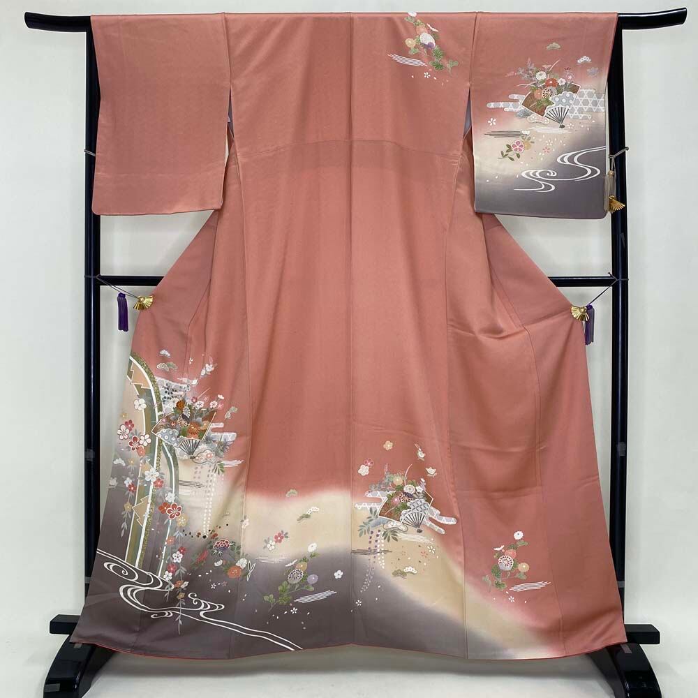 付け下げ 訪問着 中古 オレンジ ピンク 裄丈65.8cm 身丈163.6cm 結婚式  
