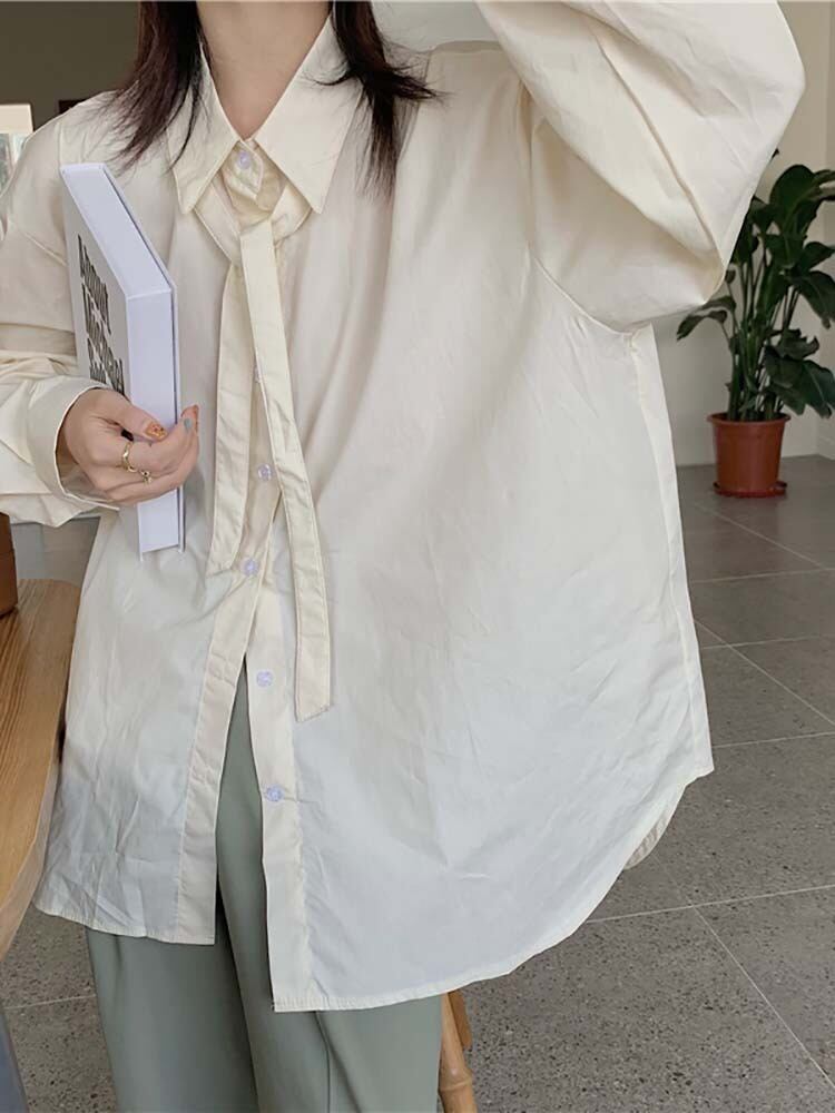 ボウタイ付きオーバーサイズ長袖シャツ オフィス 襟付き シンプル 無地 大きいサイズ 韓国 CH4826