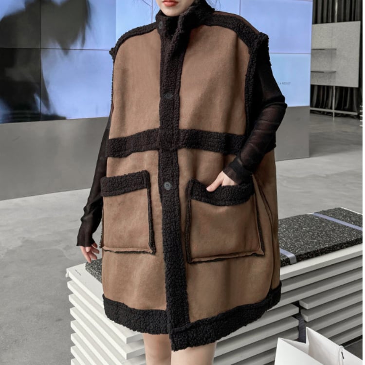 リバーシブル ボア×フェイクレザー ロングベスト R30220