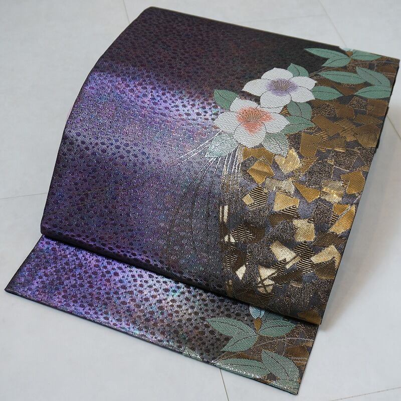 引き箔 椿 袋帯 正絹 金糸 紫 黒 223 | kimono Re:和 [online store