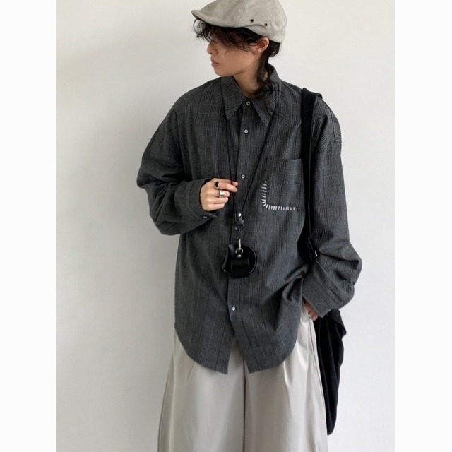 jiwuusブラックチェック柄長袖シャツ