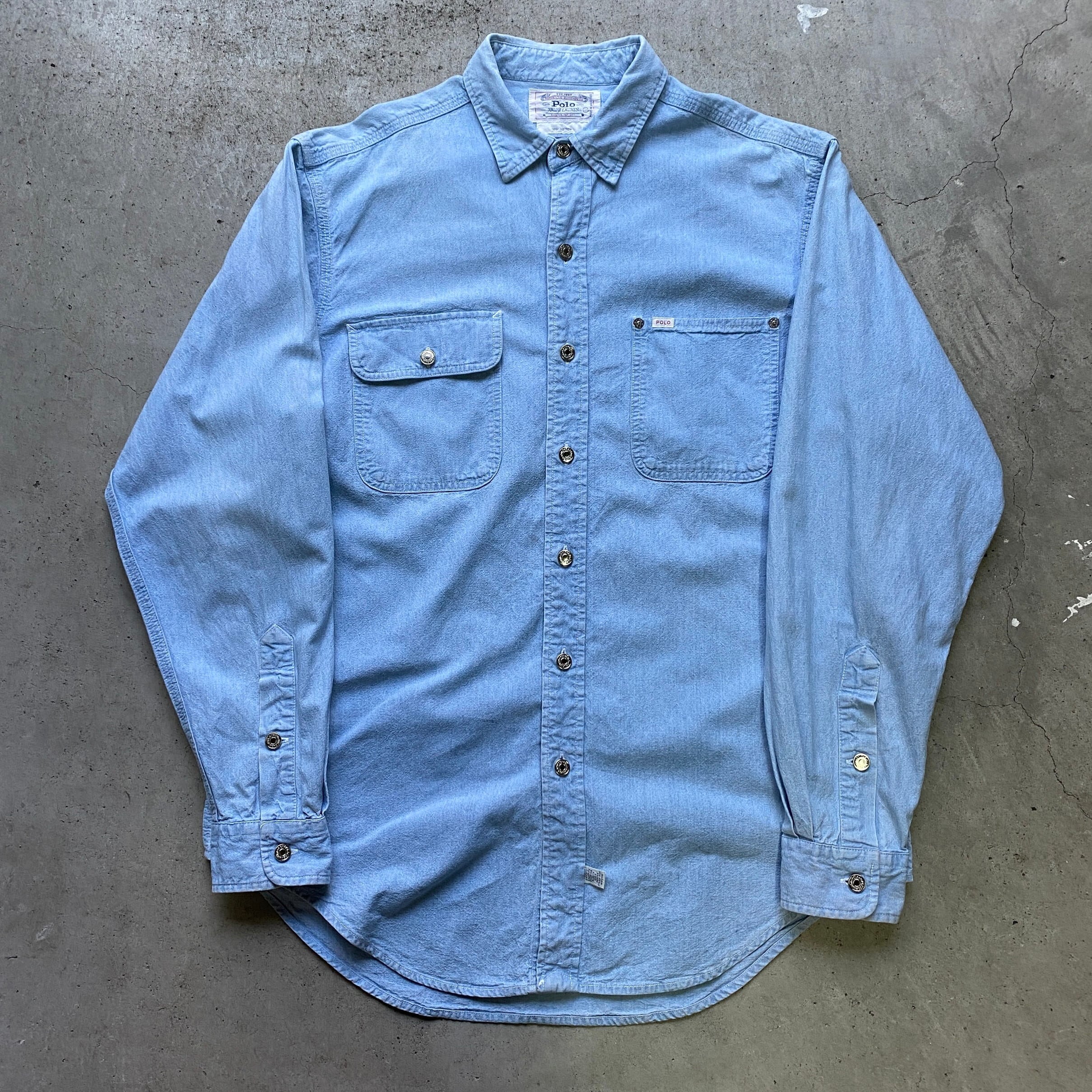 80年代 Polo RALPH LAUREN 白タグ シャンブレー 長袖シャツ メンズ L 