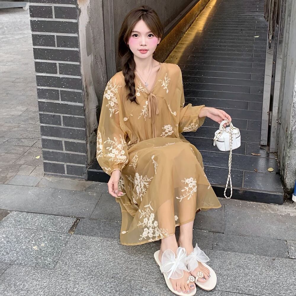 ワンピース レディース 2点セット キャミワンピ付き シアーワンピ 花柄