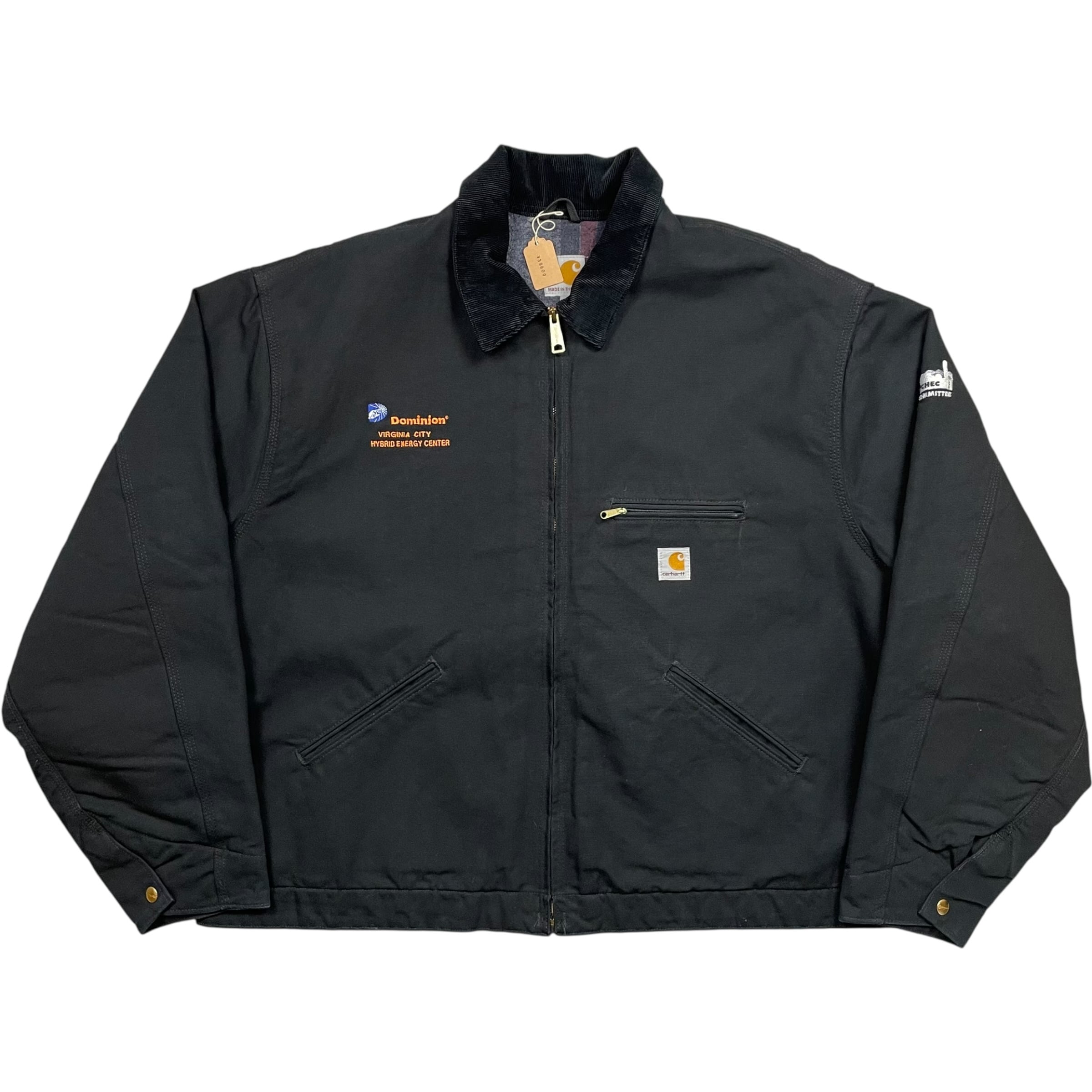 《3XL》Carhartt カーハート デトロイトジャケット ダックジャケット ブラック 刺繍企業ロゴ ロゴパッチ 色残り良 襟コーデュロイ 裏地ブランケット USA製 no.9745