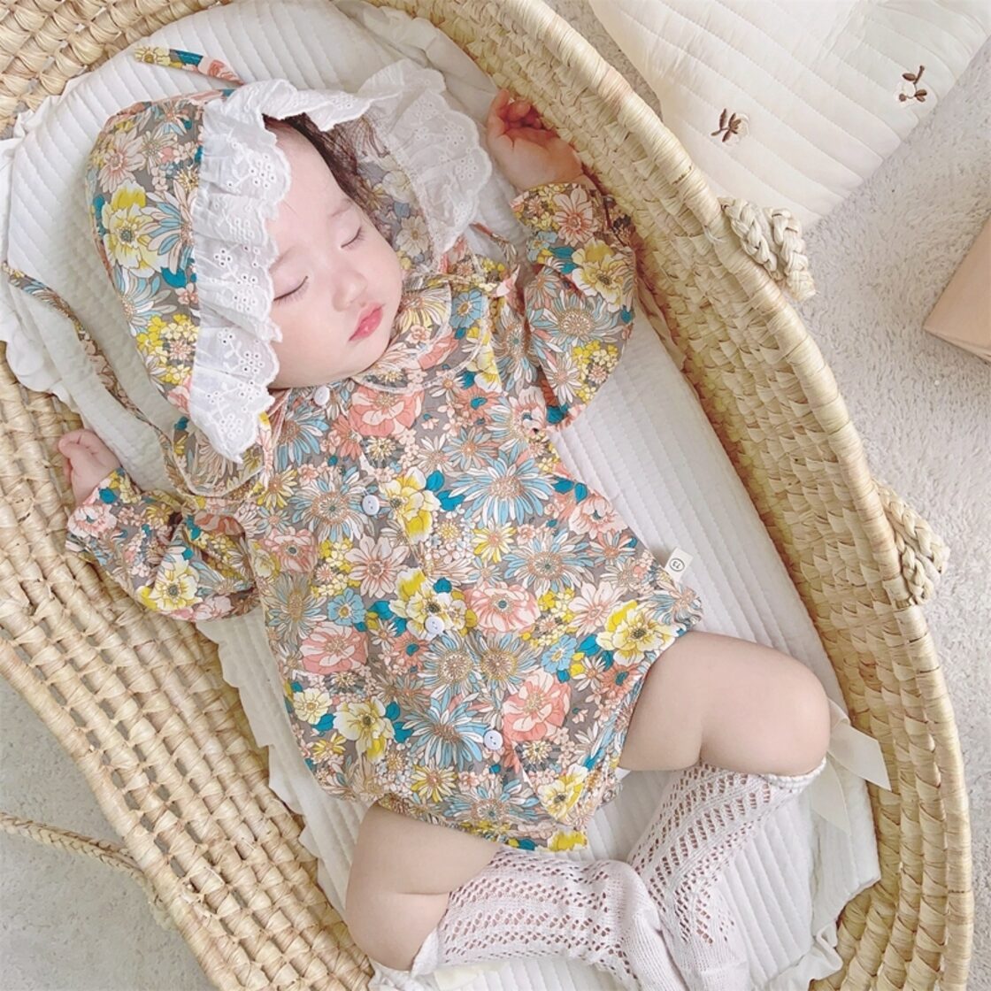 ロンパース 花柄 長袖 春 夏 秋 帽子付き ボンケット 韓国子供服 