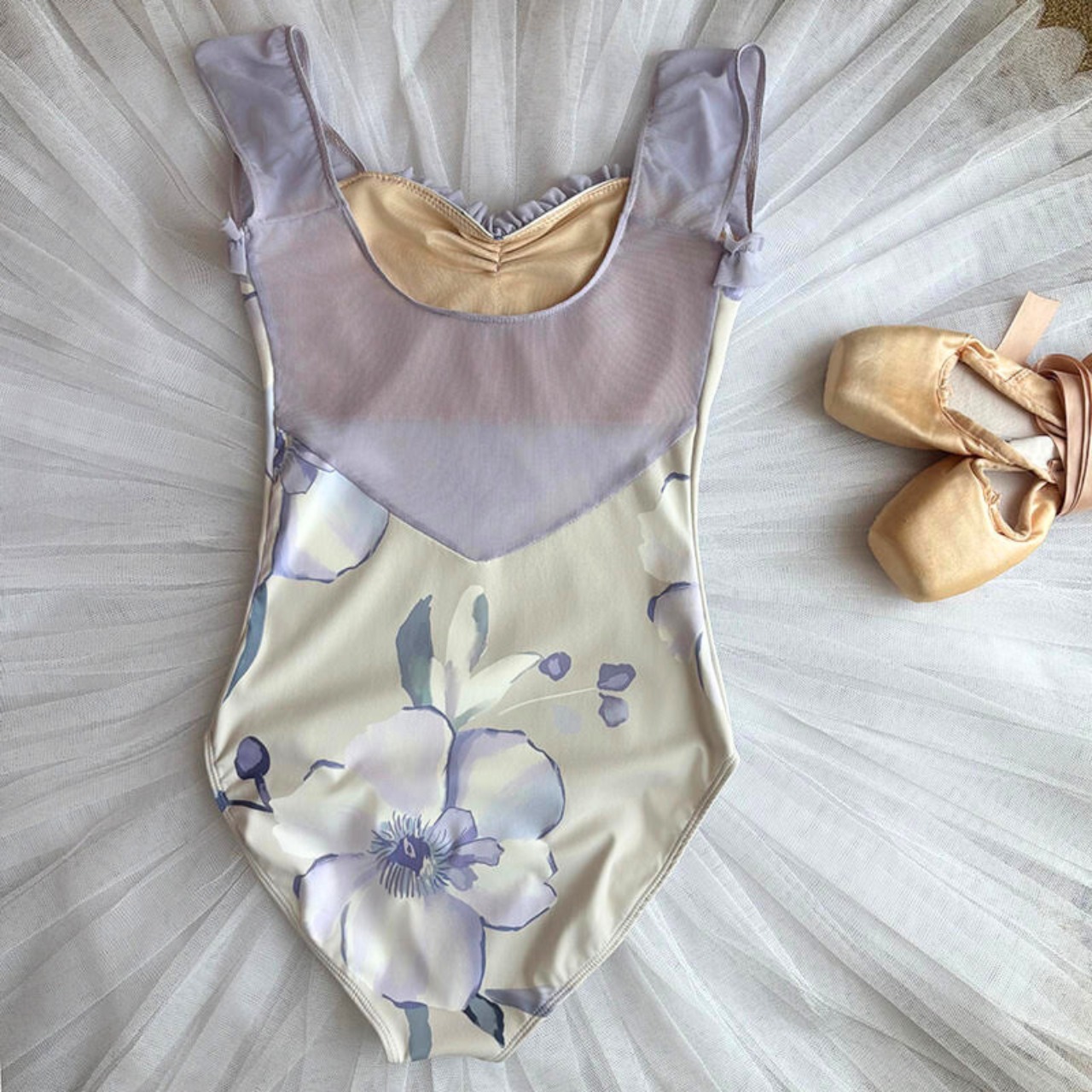 【即納】フリルトリミング アートフラワー レオタード パープル XL L1248