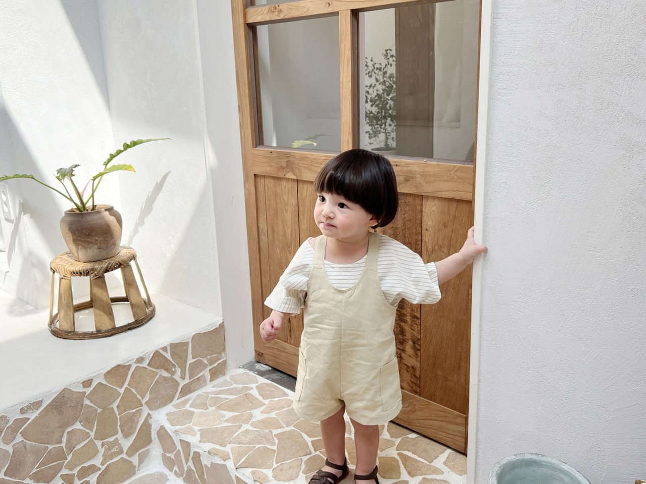 【Bebe nine】ナチュラルショートサロペット ベージュ 70〜80cm 24048 - 3