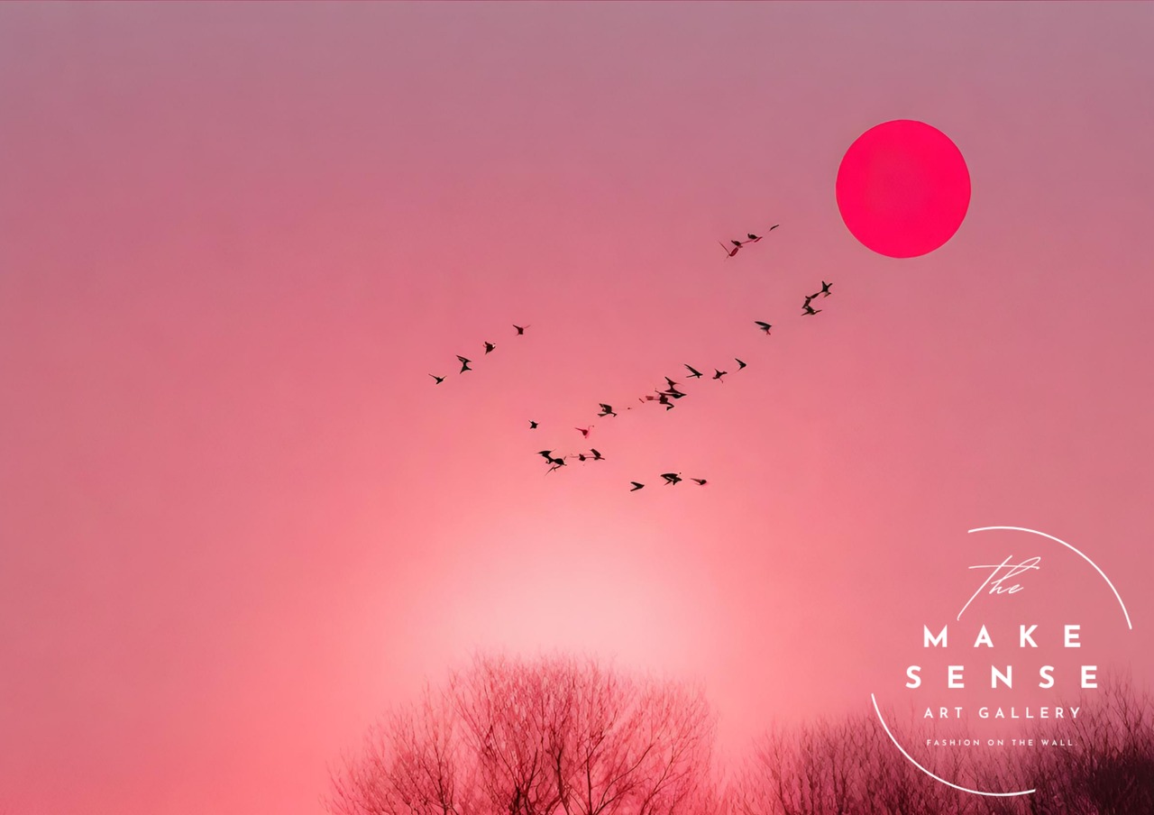 Graceful｜夕日と飛翔する鳥のコラージュアートポスター｜柔らかなピンク空が癒しを届けるモダンデザイン｜額縁セット｜A2ポスター