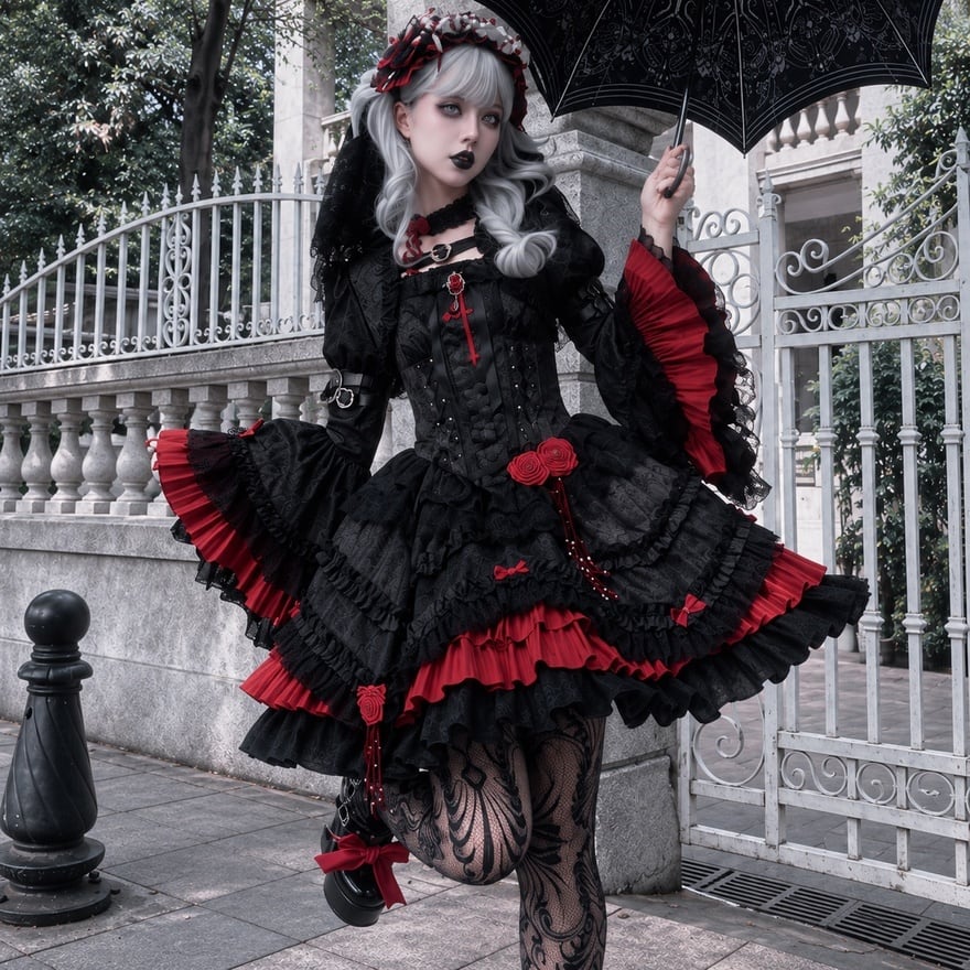 深紅薔薇の黒夜会 多段フリル姫袖ゴスロリジャンパースカート3点セット