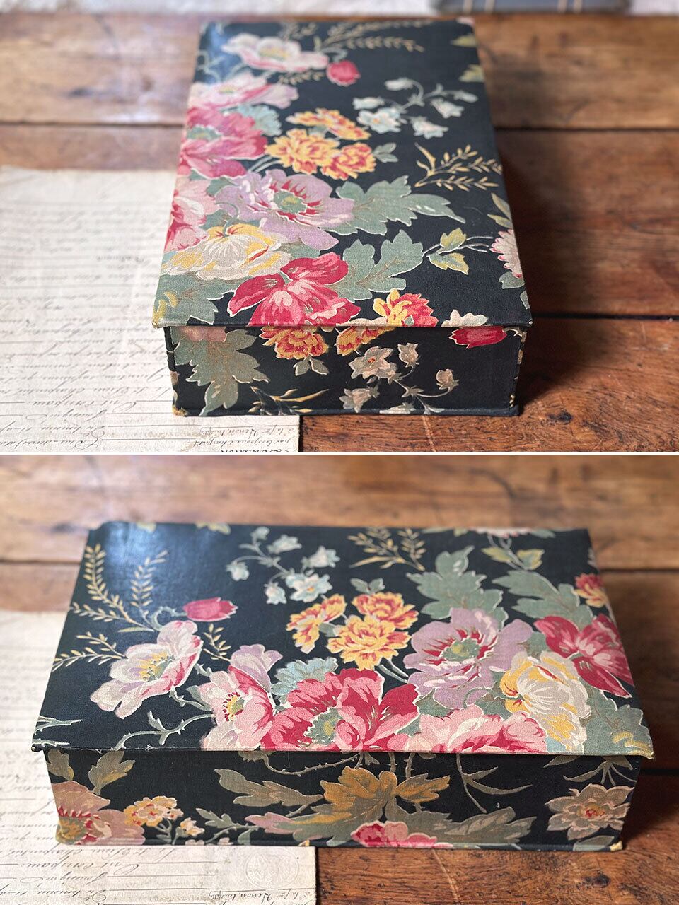 フランスアンティークカルトナージュドロワーフローラルメダリオン2個set 2段式カルトナージュ ブラック×フラワー | Brocante de La