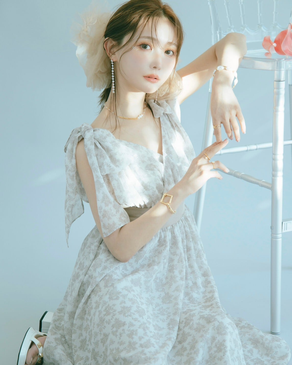 ワンピースCrayme, Ribbon Shoulder Chiffon Dress - ロングワンピース