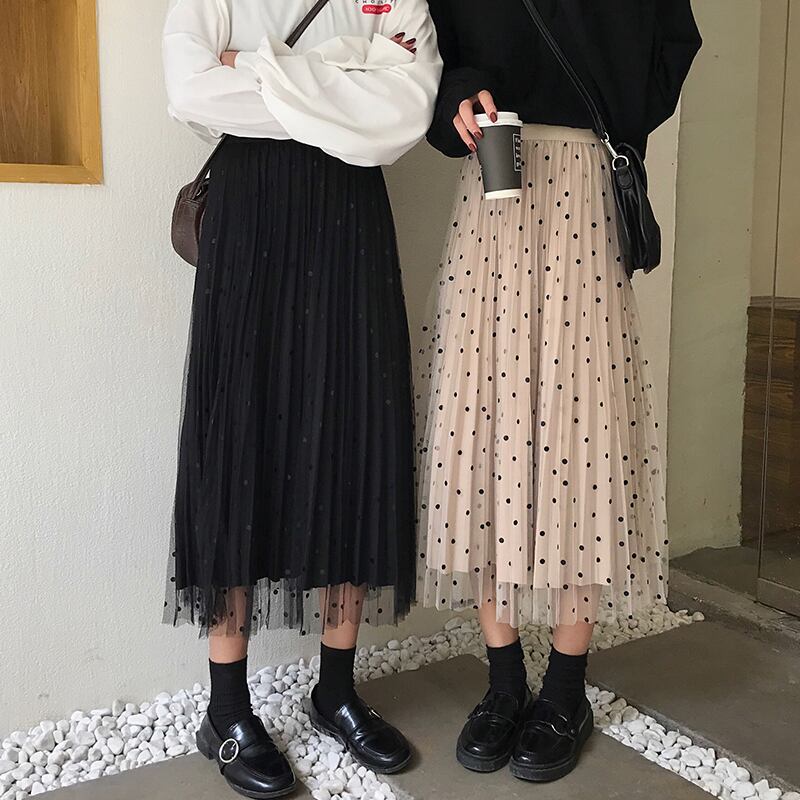 水玉メッシュプリーツAラインスカート スプリングハイウェスト薄手 大人ガーリー スウィート キュート カジュアル 春物 萌量不足5651820418