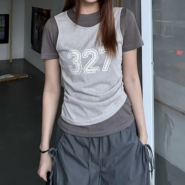 ナンバリングプリントフェイクレイヤードTシャツ 2col R02467