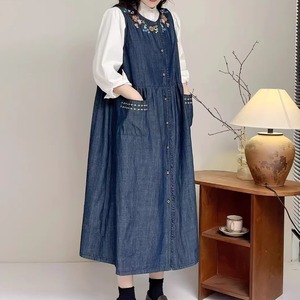 お花刺繍 デニムノースリーブワンピース Y 250533