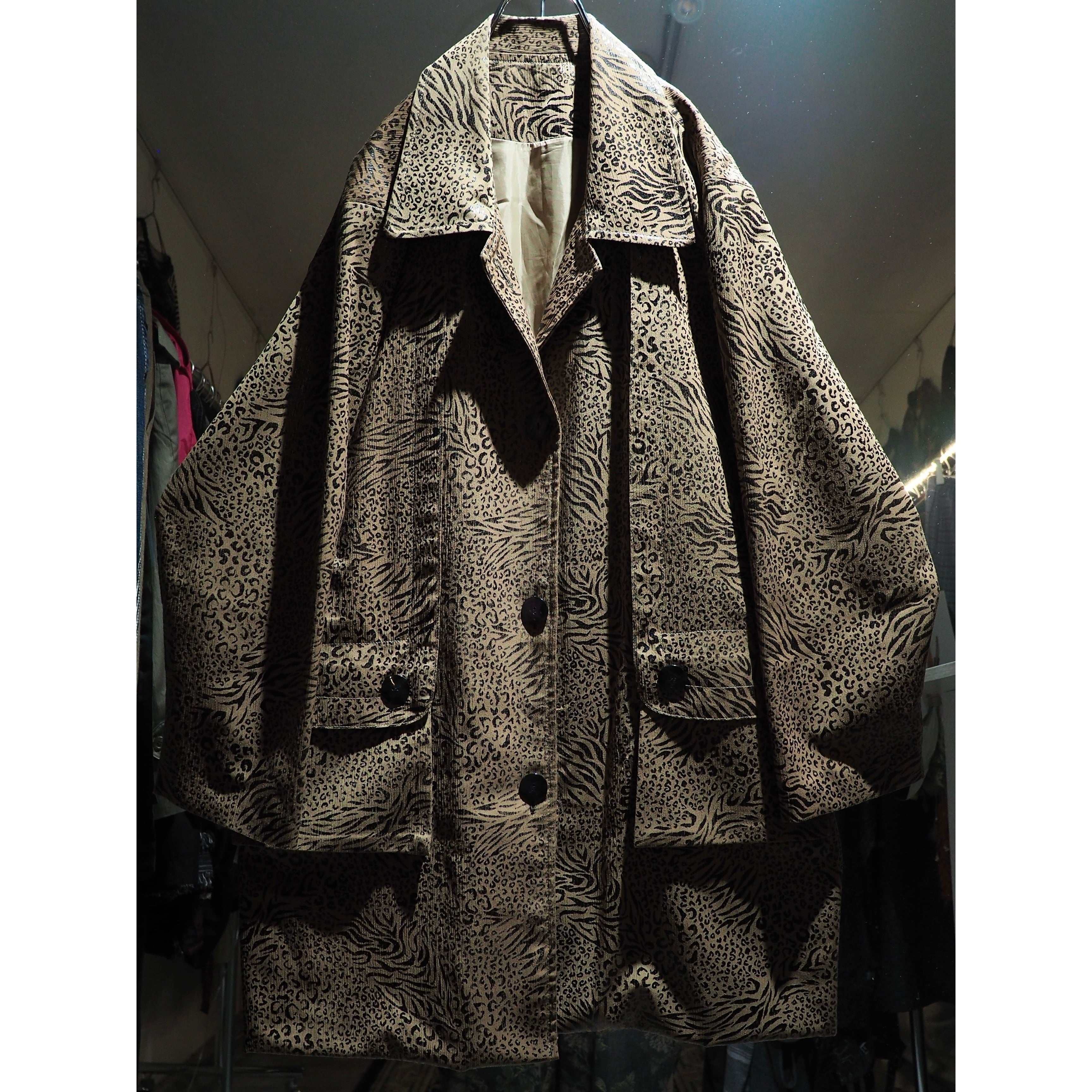 1990s Pleats line × Animal pattern coating vintage loose half coat jacket