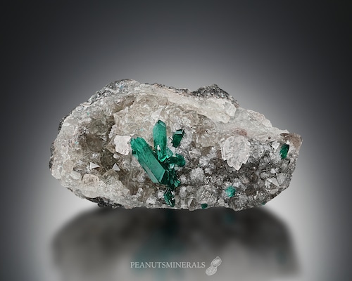 ダイオプテーズ / カルサイト / クォーツ【Dioptase with Calcite on Quartz】コンゴ共和国産