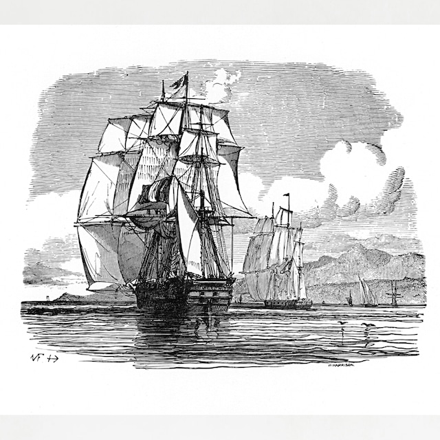 [005] sailing ship 1845年頃フランスの印刷所に保管されていた 木口木版画（西洋木版）八つ切り