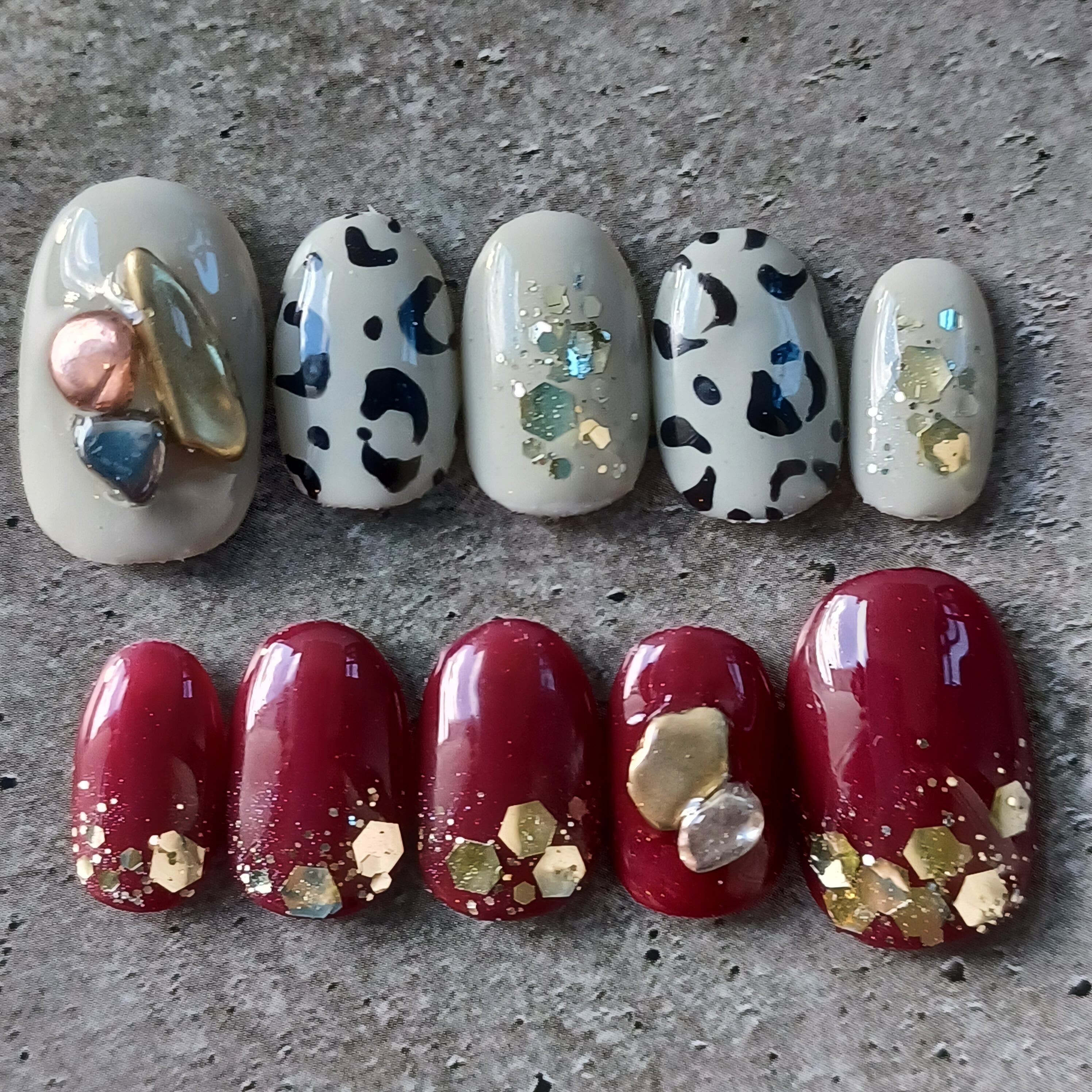 即日発送/フリーサイズ レオパード×ボルドー アシメ ネイルチップ 現品  