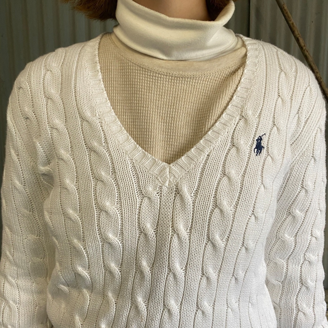 Ralph Lauren ラルフローレン ケーブル編み Vネック コットンニット 