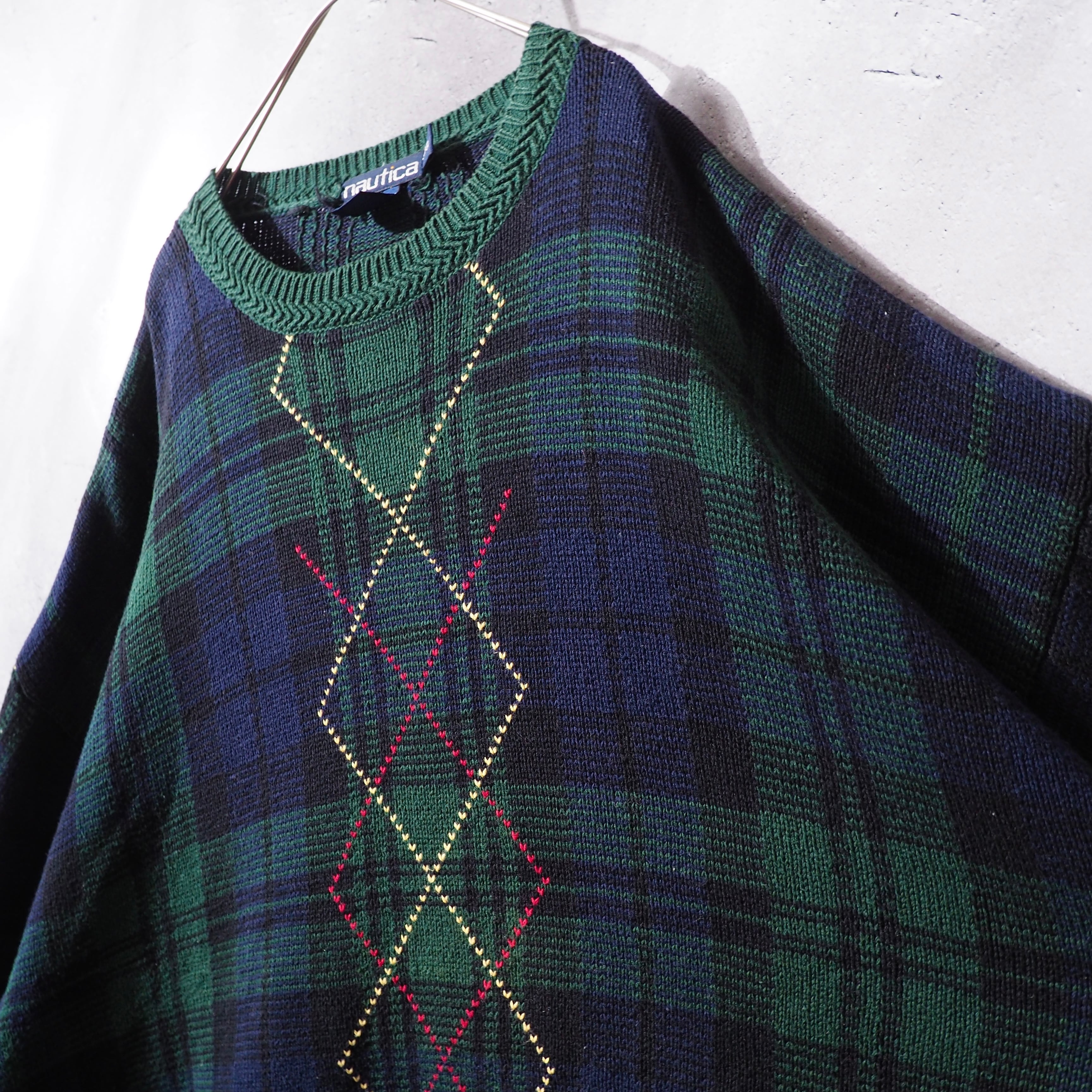1990s " Nautica " Green check × Love Rhombus vintage loose knit