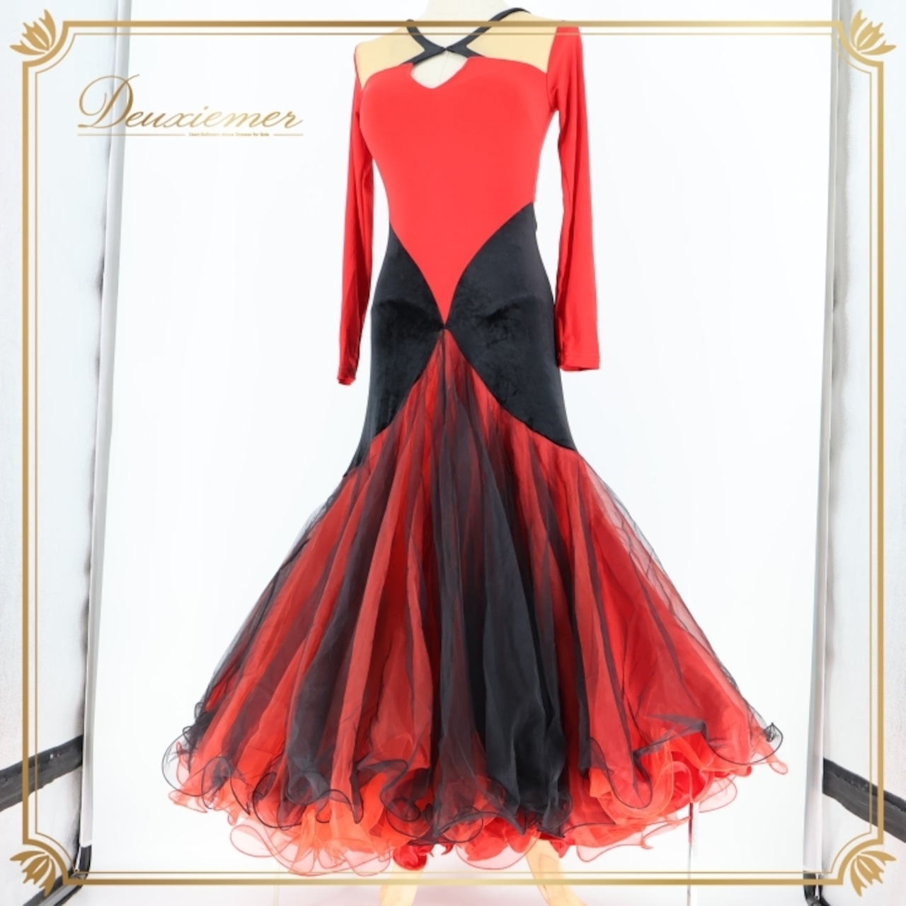 社交ダンス 衣装 スタンダードドレス ワンピース ドレス スタンダード 赤 黒 フリル チュール ベロア デモ 競技 パーティドレス パーティ 発表会 赤 黒 無地 ブラック系 レッド系 高級感 おしゃれ フォーマル 大人用 長袖 華やか