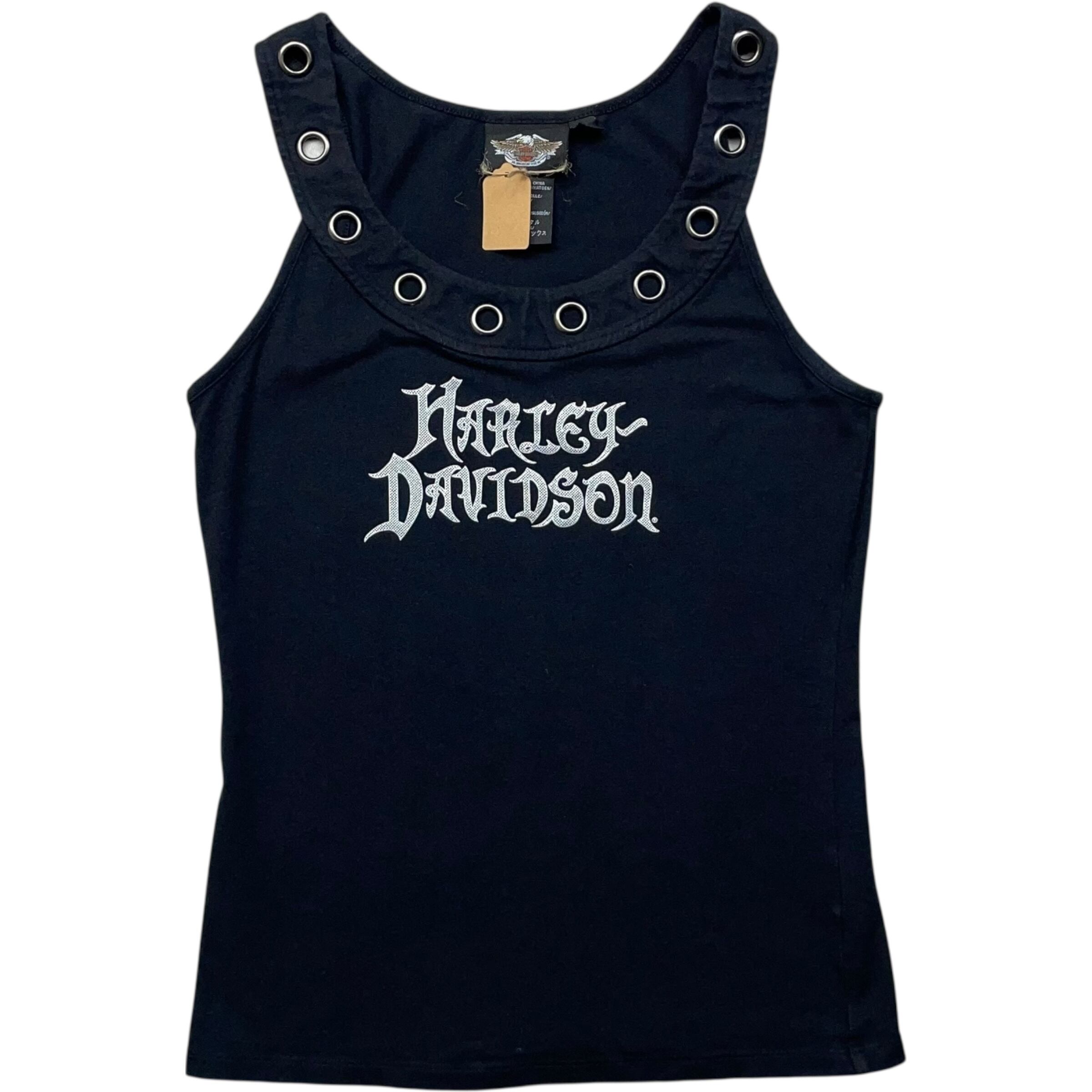《レディースM》Harley-Davidson ハーレーダビッドソン タンクトップ ハトメ ロゴプリント ブラック no.8421