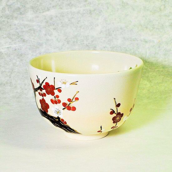 抹茶碗 色絵 紅白梅にうぐいす | 京焼窯元 橋本城岳