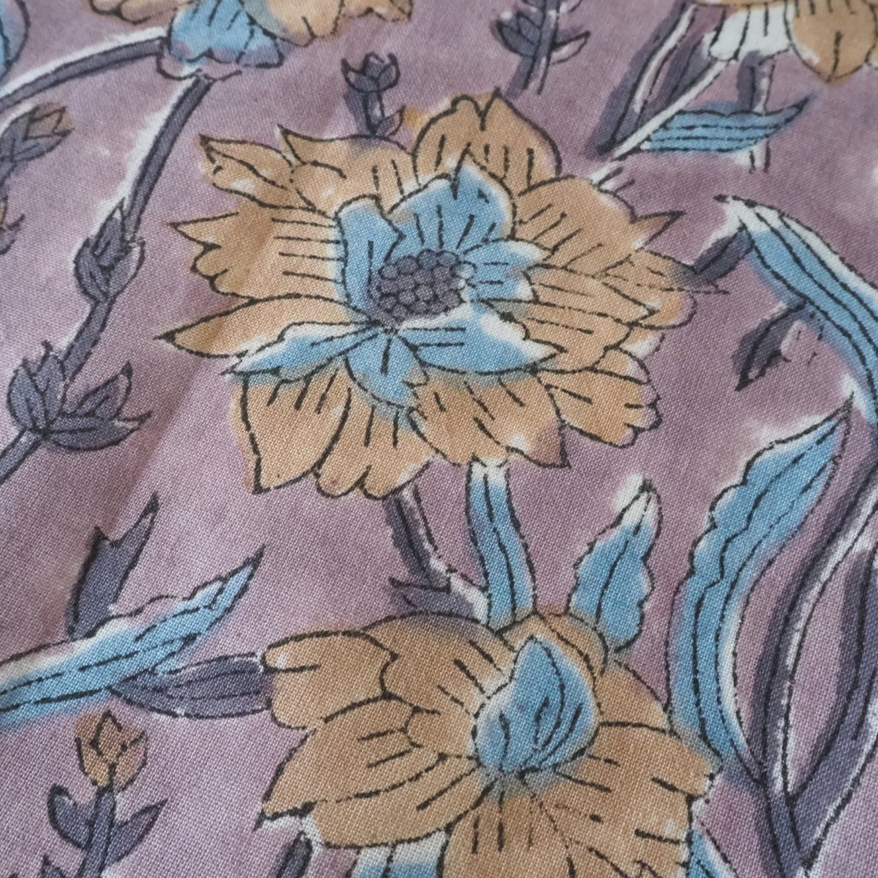 ブロックプリント生地【50cm単位】インド綿 花柄 くすみパープル #41282-PR1