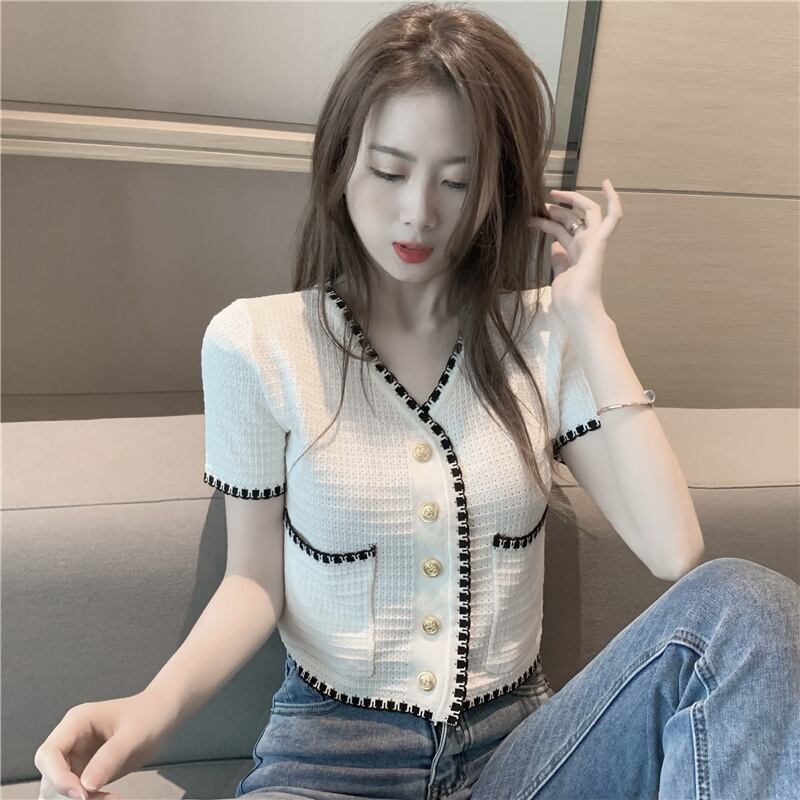 スプリングショートVネックカジュアル薄手ニットジャケット レディース ブラウス 春物 1号婦人13801551241