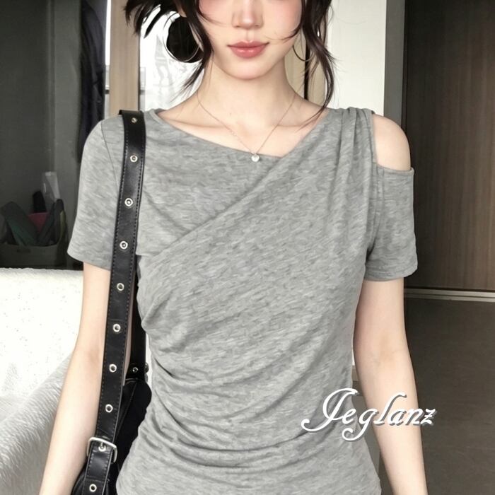 カットアウト 半袖 Tシャツ ドレープ アシメ デザイン スリム ♪(MC856)β