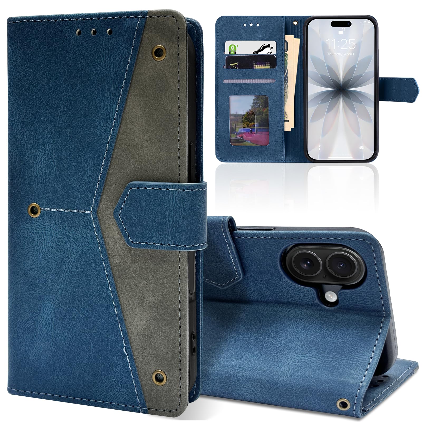 LONGINTIAN For iPhone17用の ケース 手帳型 カード収納 財布型 カバー アイフォン17用の 耐衝撃 キックスタンド機能 スマホケース いpほね16用の PU合皮 TPU素材 携帯カバー 薄型 軽量 ストラップホール付 ブルー