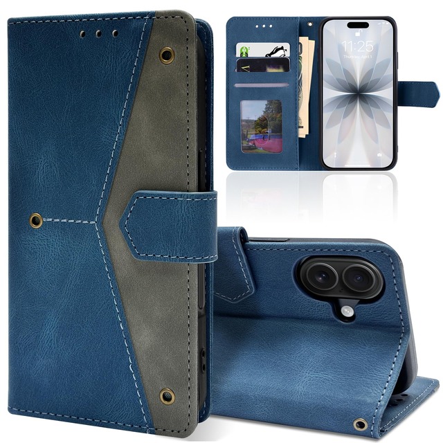 LONGINTIAN For iPhone17用の ケース 手帳型 カード収納 財布型 カバー アイフォン17用の 耐衝撃 キックスタンド機能 スマホケース いpほね16用の PU合皮 TPU素材 携帯カバー 薄型 軽量 ストラップホール付 ブルー