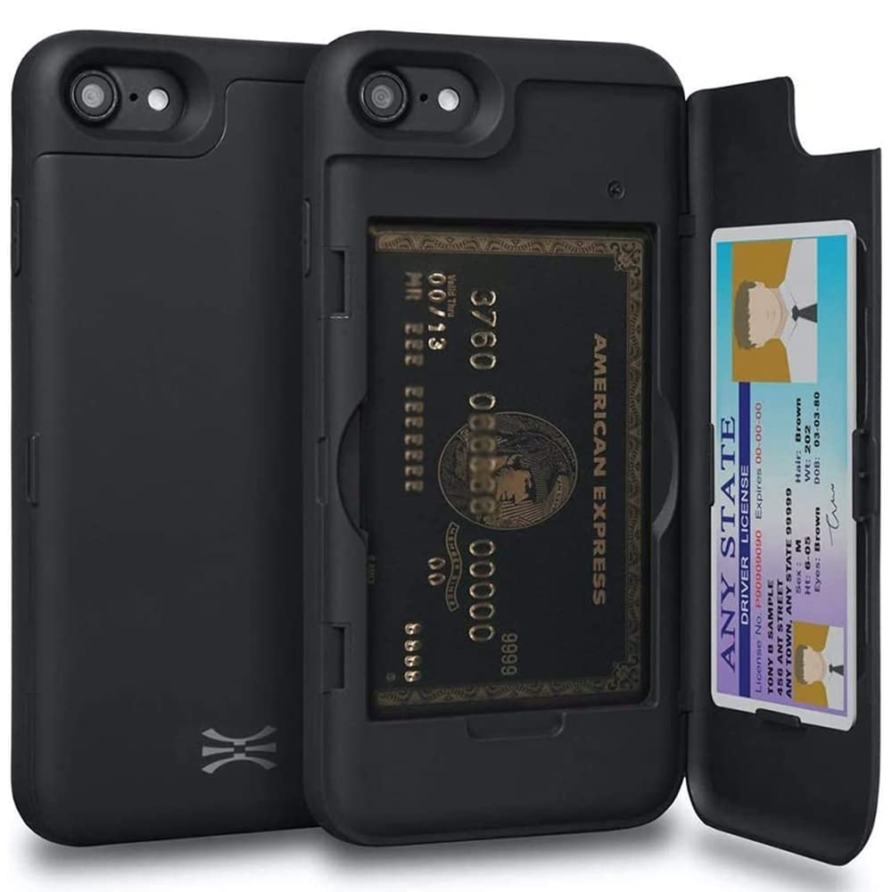 TORU CX PRO iPhone SE3 / iPhone SE2 / iPhone 8 / iPhone 7 互換品 ケース カード背面収納 | 隠れた 手帳型 2枚 カード | 2重構造 耐衝撃 IC カード ポケット パススリム カバー (ミラー 含ま) - ブラック