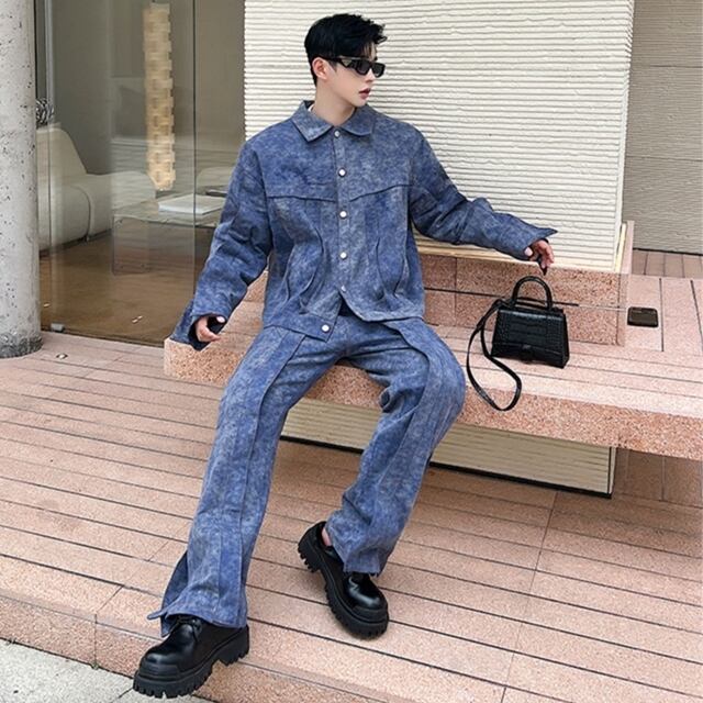 予約販売】メンズ セットアップ メンズ デニム カジュアル ブルー 立体