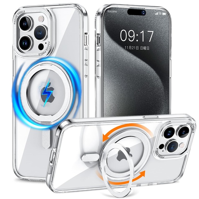 KMAMBNG iPhone 13 Pro 用 ケース 縦横両対応 リング 多機能360度回転スタンド MagSafe対応
