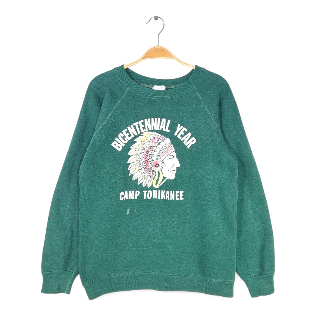 70s インディアンヘッド カラーフロッキー ヴィンテージスウェット アーチロゴ 3段プリント ダークグリーン サイズL相当 古着 @CF0956