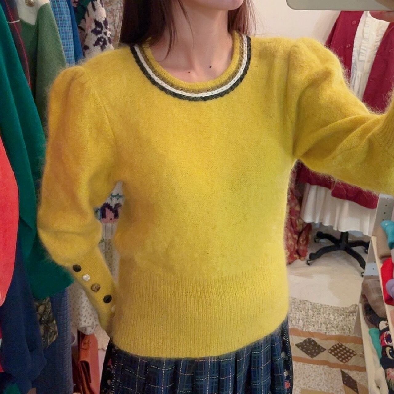 long rib button yellow mohair sweater