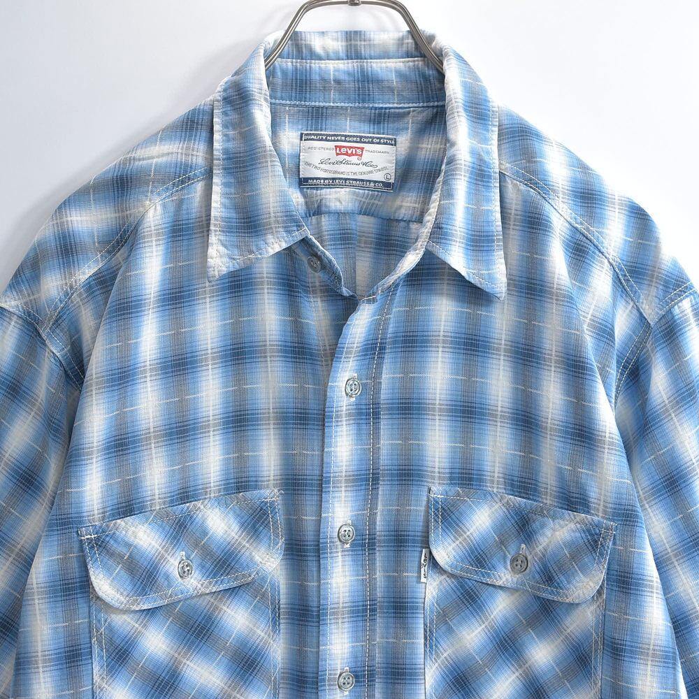 90~00s 日本製 Levi's リーバイス 白ステッチ フラップポケット オンブレチェック 半袖シャツ ワークシャツ アメカジ ブルー ヴィンテージ シャドーチェック ビンテージ 古着 メンズLサイズ
