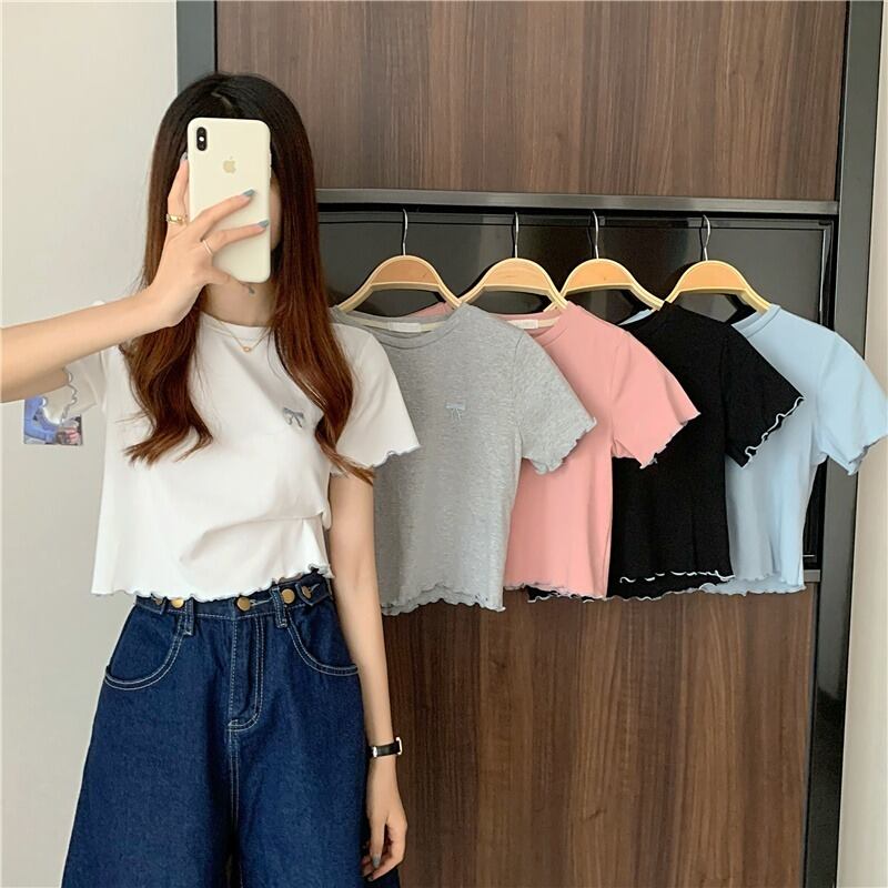 リボン刺繍ホワイトトップス サマーTシャツ 薄手 夏物 1号婦人74626984935