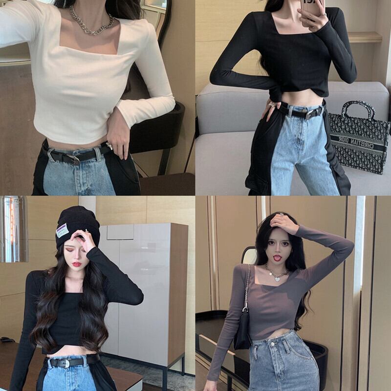 ブラックTシャツ シャツ オータムショート薄手トップス ロング 秋物 スクウェア ガールズファッション36758252594