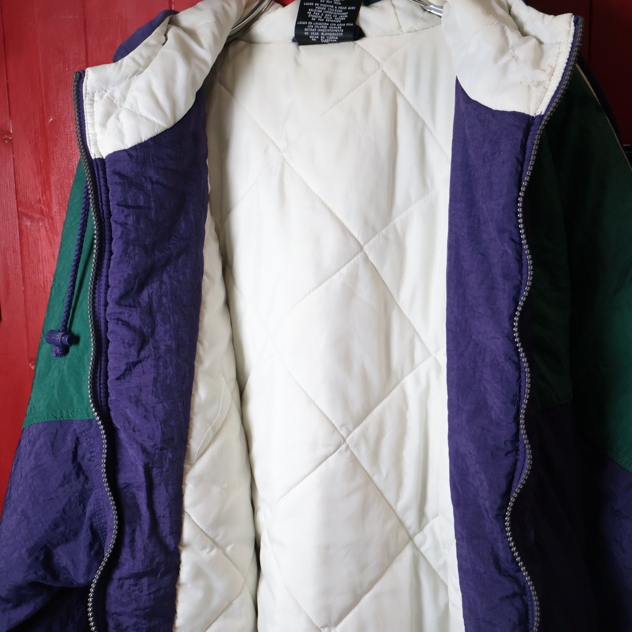 90s adidas 中綿ナイロンジャケット　ツートンカラー　緑×紫　刺繍トレフォイル　
