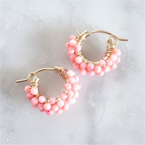 送料無料 14kgf*Pink Coral pavé pierced earring / earring